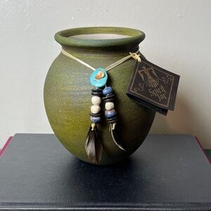 New Raku Pottery Works Green Southwestern Spirit Jar Signed Jeremy‎ Diller